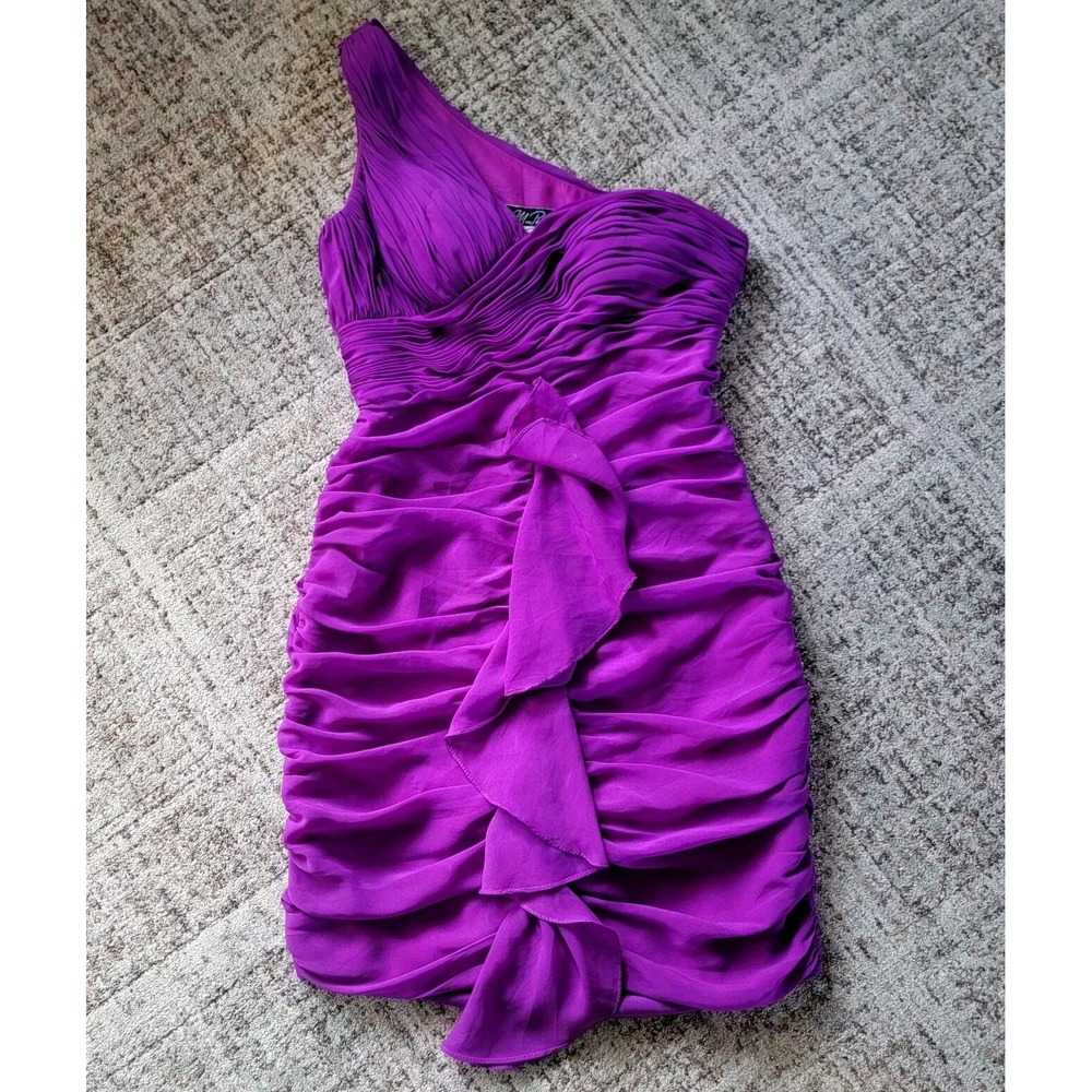 Dalia Mac Phee One Shoulder Sleeve Chiffon Bodycon Cocktail Mini‎ Dress Magenta